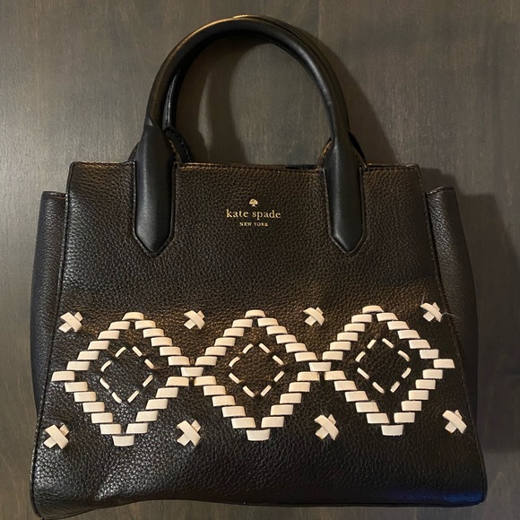 KATE SPADE— Flynn Street Small Meriwether Leather Satchel,  Black/White 👜 - Picture 2 of 9